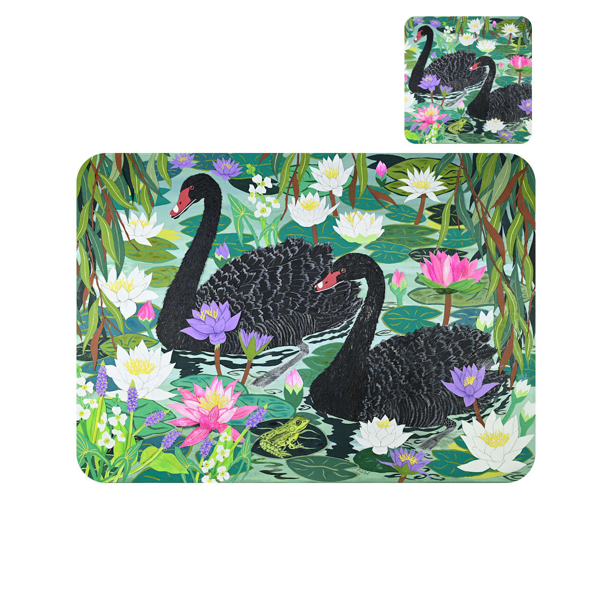 Black Swans and Waterlilies Placemat and Coaster (set of 4)
