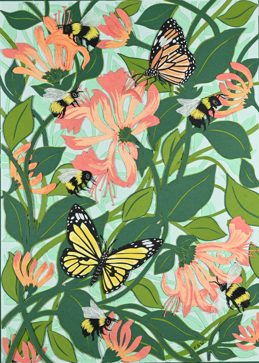 Fine Art Giclée Print - Honeysuckle Bees & Butterflies - Garden Series