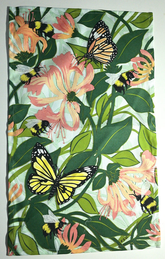 Honeysuckle Bees and Butterflies Tea Towel