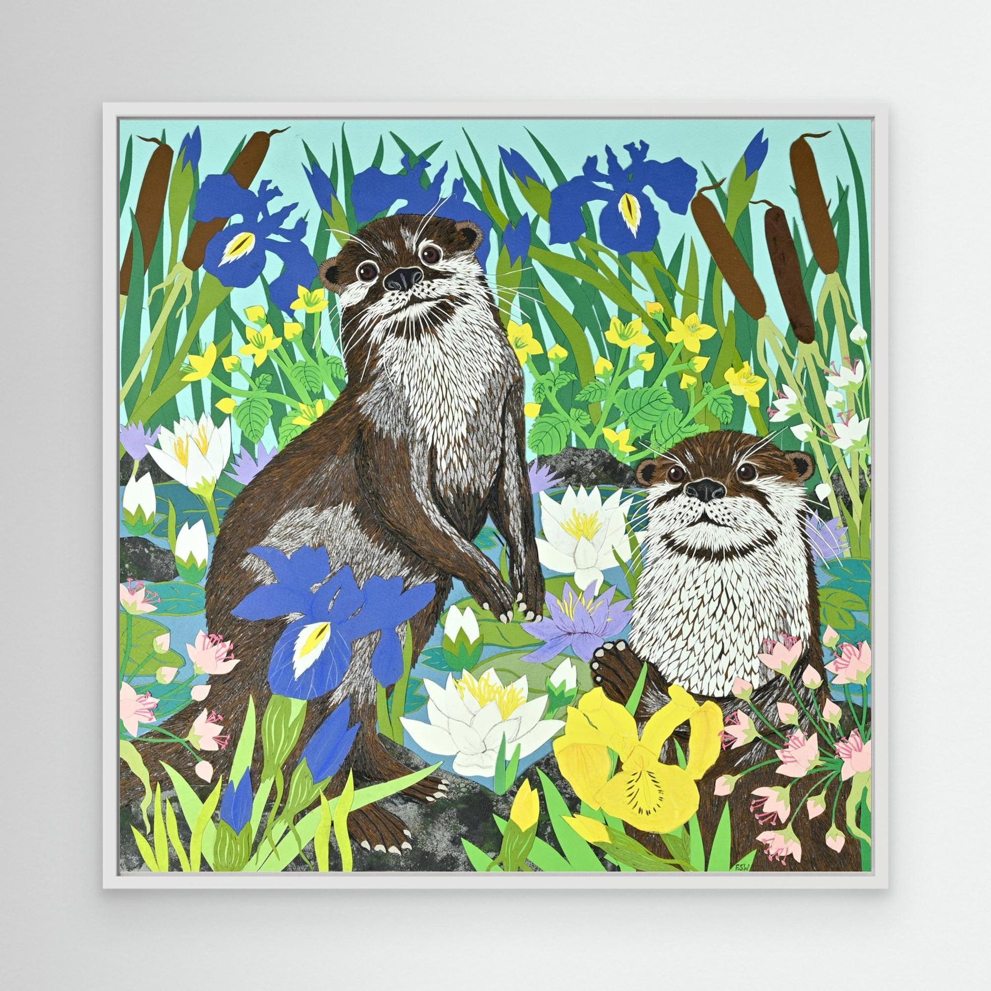 Playful Otters Framed Canvas Art Print