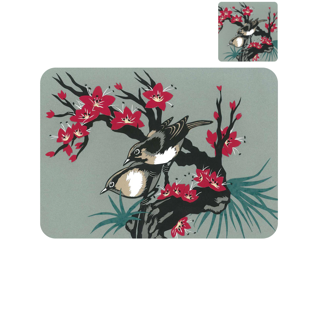 Oriental Birds with Pink Blossom Placemat and Coaster (set of 4)