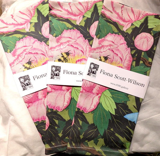 Peonies Butterflies and Bees Tea Towel